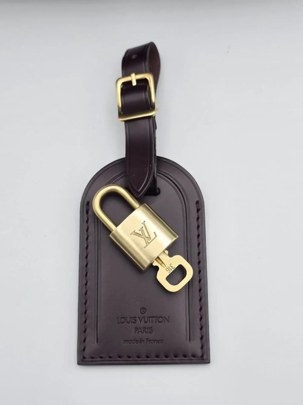 Authentic Louis Vuitton Brown Luggage Tag & Gold Padlock with Key-Made in France